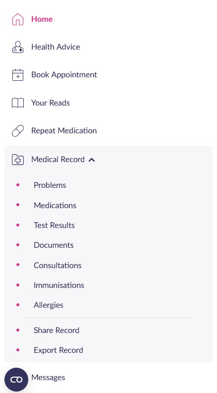 Patient Access - Medical Records Sub-menu Options
