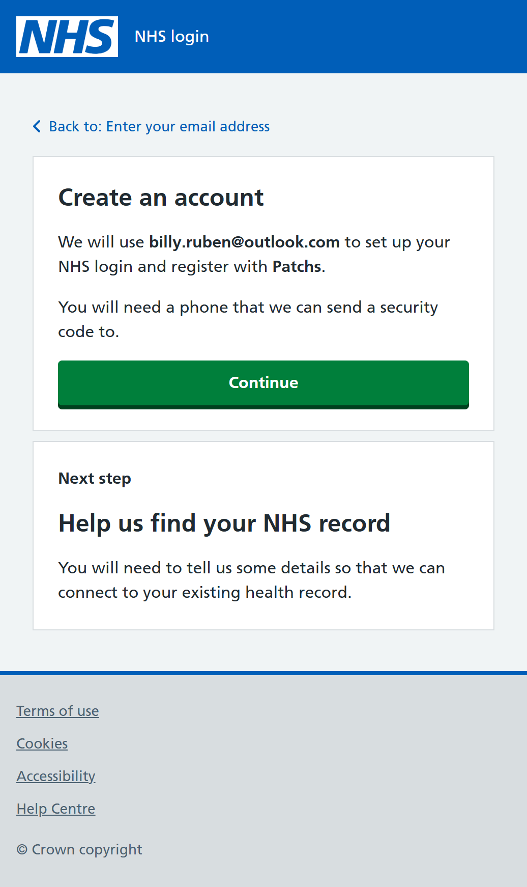 NHS Create Account - Email