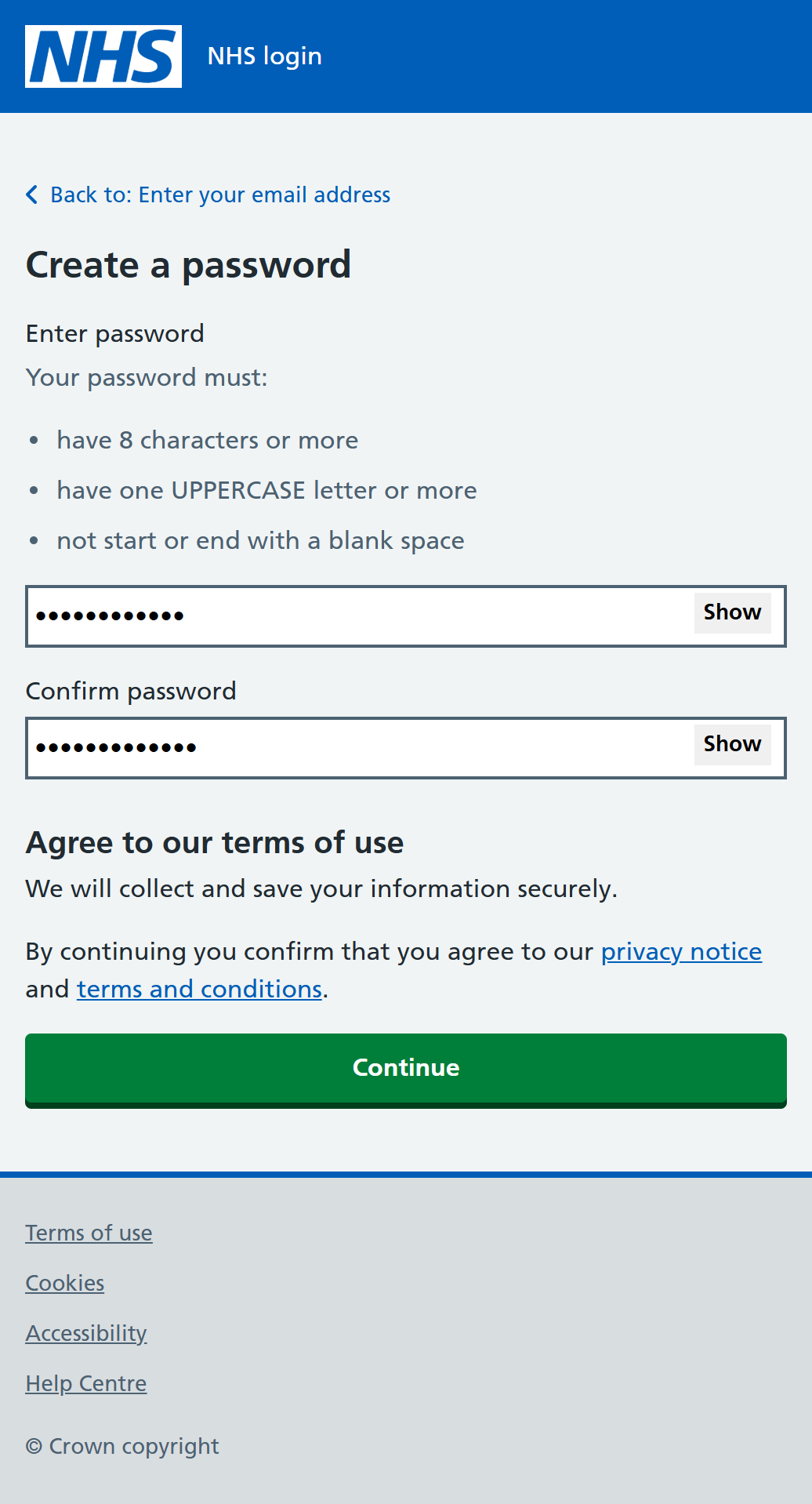 NHS Creat Account - Password