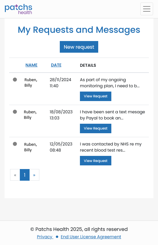 PATCHs Initial Page - Requests and Messages