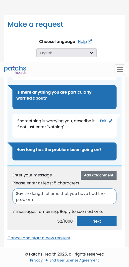 PATCHs New Request Screen