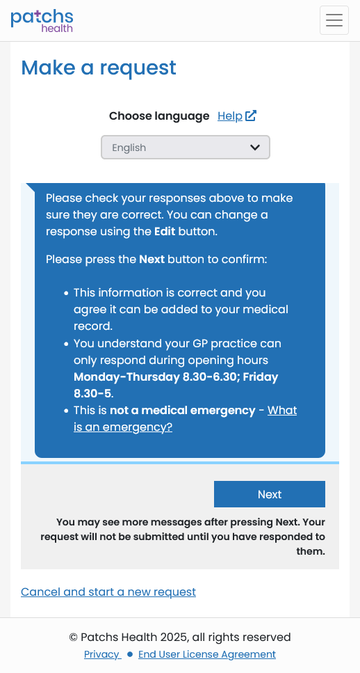 PATCHs New Request Screen