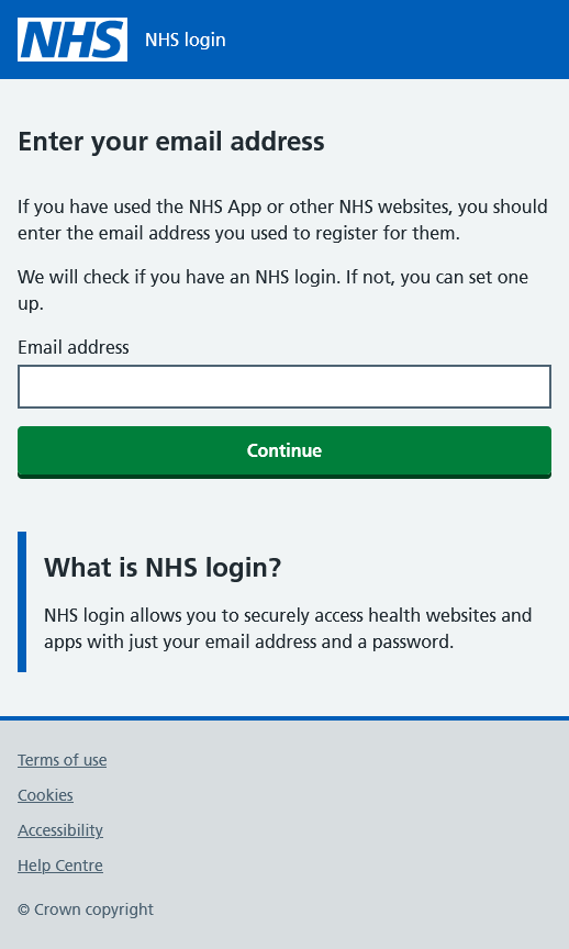NHS Login EMail Screen