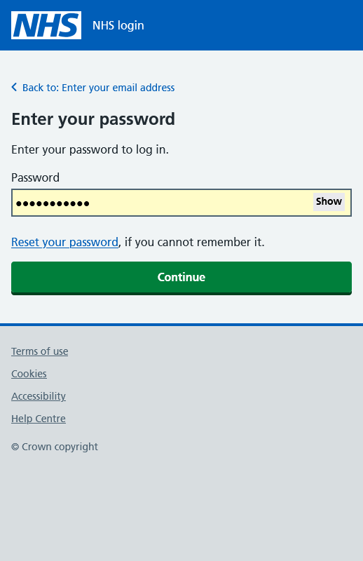 NHS Login Password Screen