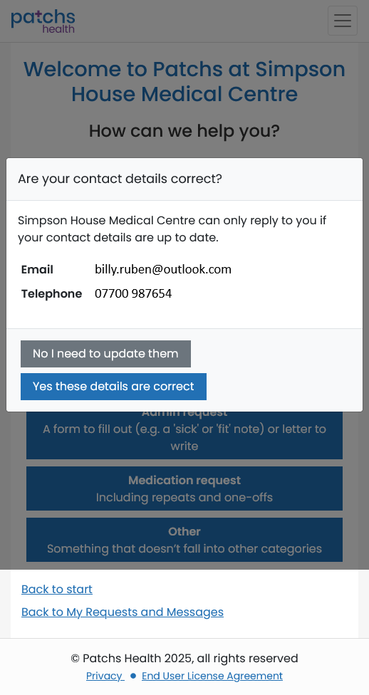 PATCHs Confirm Contact Details screen